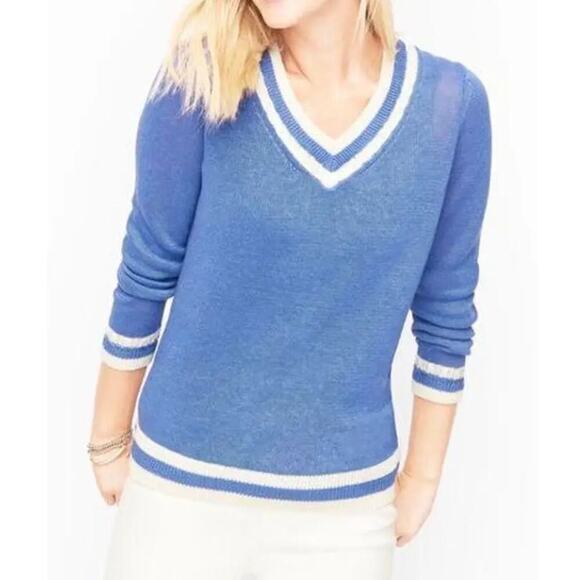 Talbots Linen V-Neck Varsity Style Sweater in Blue‎ and White, Size Medium - Picture 1 of 11